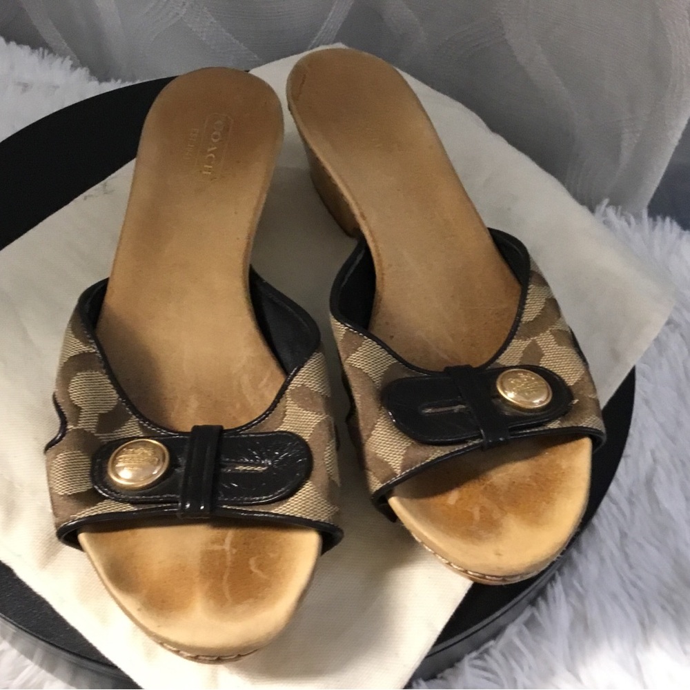 Coach Brown Signature Canvas Slide Sandals with Black Trim and Gold Buttons - Picture 7 of 8